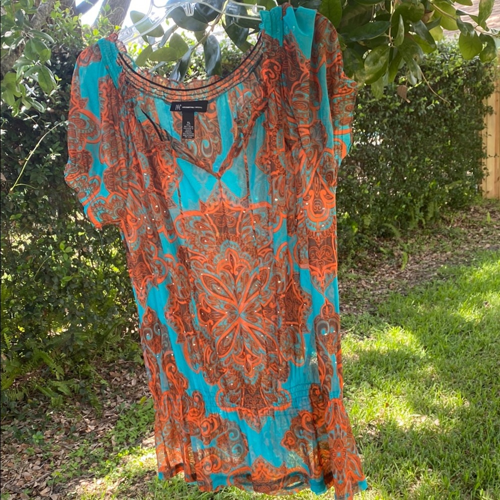 INC International Concepts Orange and Blue Blouse